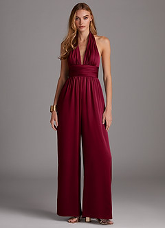 Azazie Oli Bridesmaid Dresses Burgundy Pleated Stretch Satin Jumpsuit image3