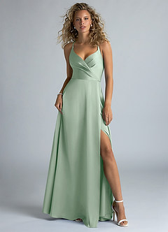 Azazie Davis Bridesmaid Dresses Agave A-Line Pleated Stretch Satin Dress image2