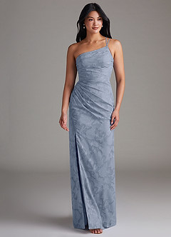 Azazie Eren Bridesmaid Dresses Dusty Blue Sheath One Shoulder Floral Burnout Dress image4