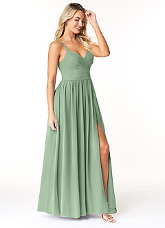 Azazie Dominic At-home Try On Dresses Amethyst A-Line V-Neck Pleated Chiffon Dress image4