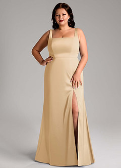 Azazie Frostine Bridesmaid Dresses Gold A-Line Bow Stretch Satin Dress image6