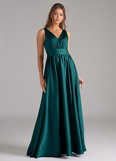 Azazie Kora Sprzedaż ostateczna Linia A Pofałdowany Satyna elastyczna Do ziemi Sukienka image1