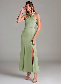 Azazie Rue 신부 들러리 드레스 인어 주름진 스트레치 새틴 발목 길이 드레스 image1