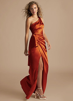 Azazie Maive Bridesmaid Dresses Paprika Sheath Ruched Metallic Satin Dress image5