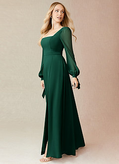 Azazie Leonia Bridesmaid Dresses Emerald A-Line Long Sleeve Chiffon Dress image8