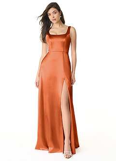 Azazie Joyce Robes de demoiselle d'honneur Robe Trapèze en Satiné métallisé Fente Latérale Orange Brûlée image1