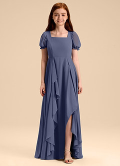 Azazie Priya Junior Robe Trapèze en Mousseline de soie Blouson Bleu Orageux image3