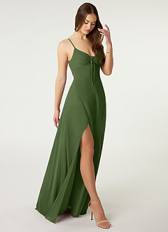 Azazie Minie Bridesmaid Dresses Olive A-Line Bow Chiffon Dress image1