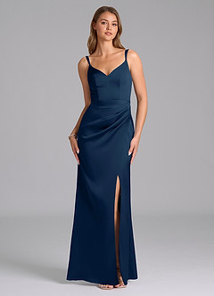 Azazie Leo Bridesmaid Dresses Dark Navy Sheath Pleated Stretch Satin Dress image1