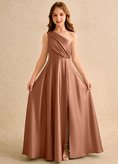 Azazie Puddles Girls Formal Abiti da Ragazza di Fiori Abito A-Line in Raso Elasticizzato Monospalla Bronzo image5