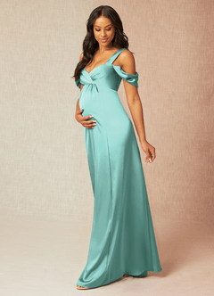 Azazie Rhea vestidos de dama de honor de maternidad Vestido de Corte En A Off The Shoulder Plisado Hasta el suelo Satén Elástico image3