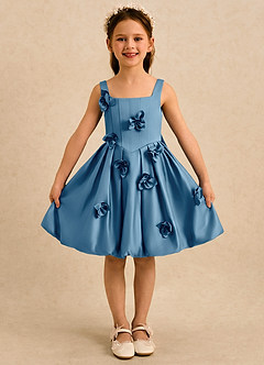 Azazie Lillian vestidos de niña de las flores Vestido Azul Acero de Satin Mate de Vestido de princesa con Plisado image3