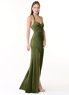 Azazie Emeria Bridesmaid Dresses Olive Mermaid Pleated Stretch Satin Dress image8