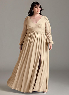 Azazie Norah Abiti da Damigella Abito A-Line in Chiffon con Maniche lunghe e Scollo a V Champagne image6