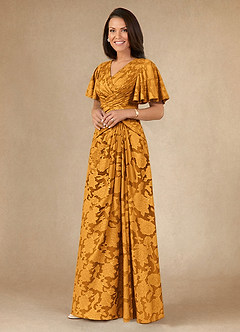 Azazie Emmeline Mother of the Bride Dresses Butterscotch A-Line Pleated Floral Burnout Dress image3