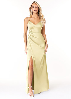 Azazie Marchella Bridesmaid Dresses Lemon Sorbet A-Line Corset Stretch Satin Dress image1