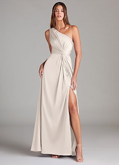 Azazie Brooke Bridesmaid Dresses White Alabaster A-Line One Shoulder Stretch Satin Dress image2