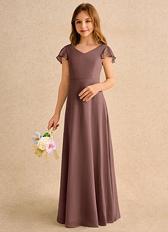 Azazie Nari Girls Formal Flower Girl Dresses Espresso A-Line with Sleeves Chiffon Dress image4