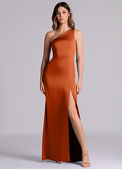 Azazie Philana Bridesmaid Dresses Burnt Orange A-Line One Shoulder Stretch Satin Dress image4