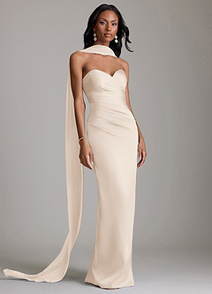 Azazie Sonora Vestidos de damas de honor Vestido de Alabastro Blanco de Satén Elástico de Corte Recto con Sin tirantes image9