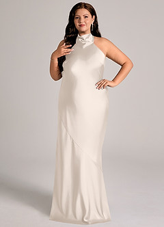 Azazie Velli Vestidos de damas de honor Vestido Alabastro Blanco de Satén Elástico de Corte Sirena con Cuello alto image9
