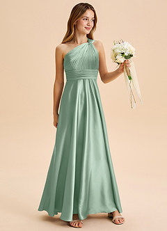 Azazie Charlize Junior A라인 주름진 스트레치 새틴 플로어 길이 주니어 신부 들러리 드레스 image3