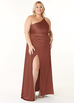 Azazie Maron Robes de demoiselle d'honneur Robe Trapèze en Satin extensible Epaule unique Auburn image7