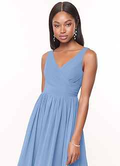 Azazie Keyla Bridesmaid Dresses Steel Blue A-Line V-Neck Pleated Chiffon Dress image5