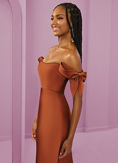 Barbie ♥ Azazie Bridesmaid Dresses Cinnamon Sheath Off the Shoulder Stretch Satin Convertible Dress image6