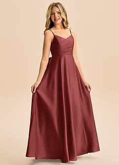 Azazie Rumi Junior Terracotta A-Line Pleated Stretch Satin Dress image5