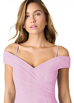 Azazie Lecia Bridesmaid Dresses Candy Pink Empire Off-The-Shoulder Pleated Chiffon Convertible Dress image2