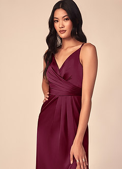 Azazie Aqua Bridesmaid Dresses Mulberry A-Line V-Neck Pleated Stretch Satin Dress image7