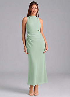 Azazie Evadne 신부 들러리 드레스 쉬스 주름진 쉬폰 발목 길이 드레스 image3