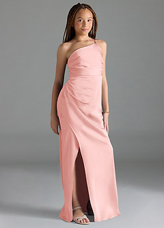 Azazie Eren Junior Powder Pink Sheath Pleated Stretch Satin Dress image1
