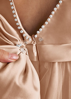 Azazie Cookie Robe Demoiselle D'honneur Fillette Robe Trapèze en Tulle Arc Rose Perle image5