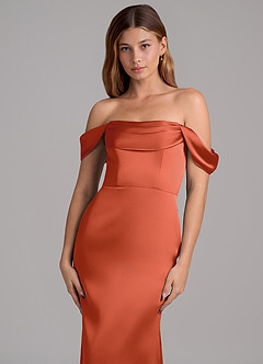 Azazie Miley Abiti da Damigella Abito Convertibile Sirena in Raso Elasticizzato a Spalla Scoperta Ruggine image2