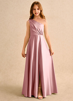 Azazie Puddles Girls Formal Robe Demoiselle D'honneur Fillette Robe Trapèze en Mat Satiné Asymétrique Rose Poussiéreuse image4