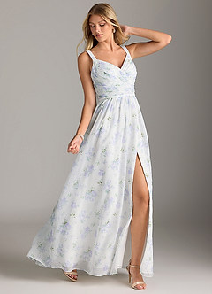 Azazie Chanel Bridesmaid Dresses Blue Vintage Floral A-Line Pleated Chiffon Dress image3