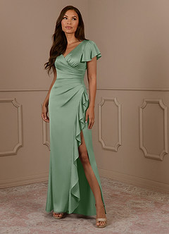 Azazie Roya Mother of the Bride Dresses Matcha Mermaid V-Neck Pleated Stretch Satin Dress image1