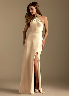 Azazie Tracie Bridesmaid Dresses Gold A-Line Pleated Metallic Satin Dress image3