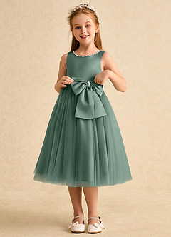 Azazie Twinsie Flower Girl Dresses Eucalyptus A-Line Bow Tulle Dress image3