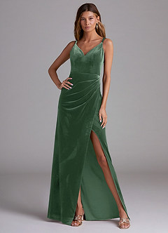 Azazie Leo Bridesmaid Dresses Eucalyptus Sheath Pleated Velvet Dress image3
