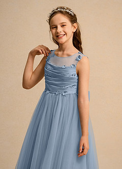 Azazie Snowball Girl Jurken voor bloemenmeisjes Baljurk Jurk van Tule Geplooid Stoffig Blauw image7