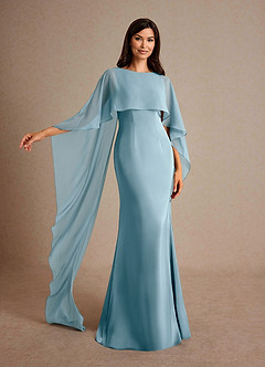Azazie Milfred Mother of the Bride Dresses Moody Blue Sheath Boatneck Stretch Satin Dress image4