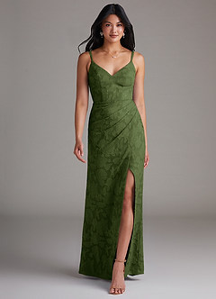 Azazie Leo Bridesmaid Dresses Olive Sheath Pleated Floral Burnout Dress image4