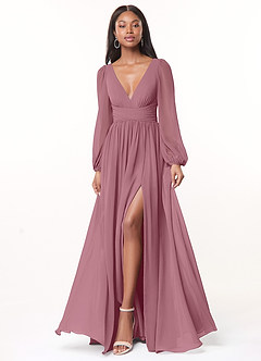 Azazie Norah Bridesmaid Dresses Vintage Mauve A-Line V-Neck Long Sleeve Chiffon Dress image1