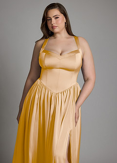 Azazie Francis Vestidos de damas de honor Vestido Oro de Satén Elástico de Línea A con Corsé image14