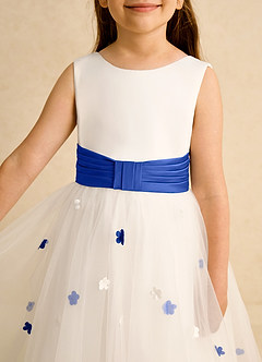 Azazie Cricket Flower Girl Dresses Ivory Royal Blue Ball-Gown Pleated Matte Satin Dress image8