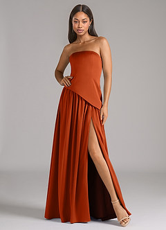 Azazie Adeline Robes de demoiselle d'honneur Robe Trapèze Convertible en Satin extensible Sans bretelle Orange Brûlée image1
