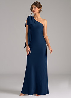 Azazie Capri Bridesmaid Dresses Dark Navy Mermaid One Shoulder Stretch Satin Dress image4